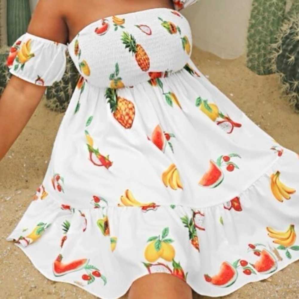 Casual Tropical Print Off The Shoulder Summer Dress - Picture 10 of 10